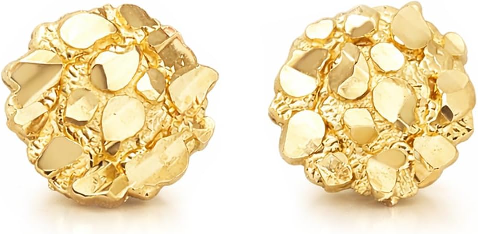 10K Yellow Gold Nugget Earrings Round Nugget 10 mm