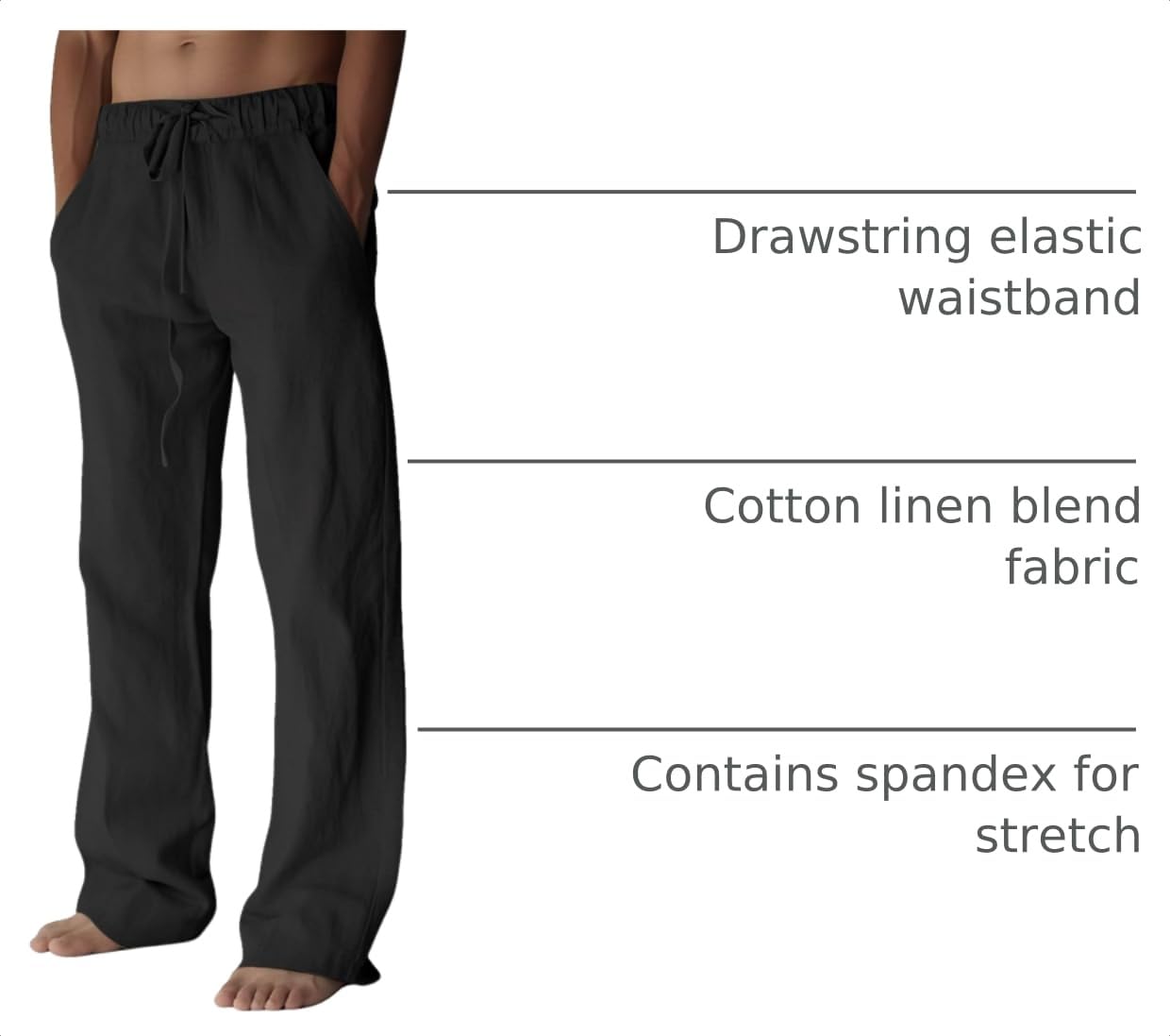 PIDOGYM Mens Cotton Linen Pants Beach Casual Pajama Pants with Pockets