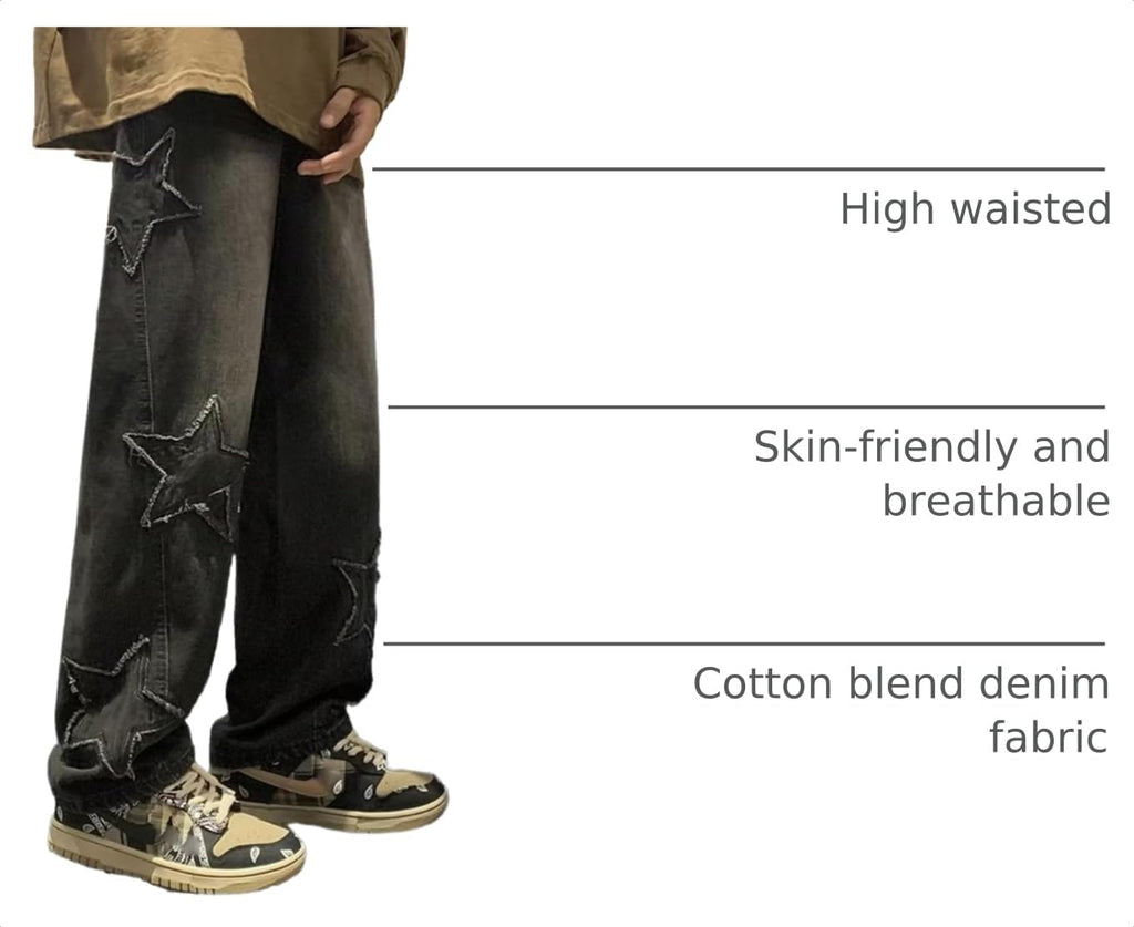 HBER Mens Y2k Star Jeans High Waisted Hip Hop Streetwear Jeans