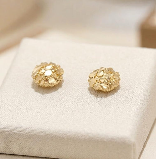 10K Yellow Gold Nugget Earrings Round Nugget 10 mm