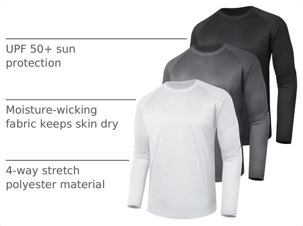 3 Pack Long Sleeve Shirts for Men - Quick Dry Moisture Wicking UV Sun Protection T-Shirts for Fishing Workout Athletic Gym