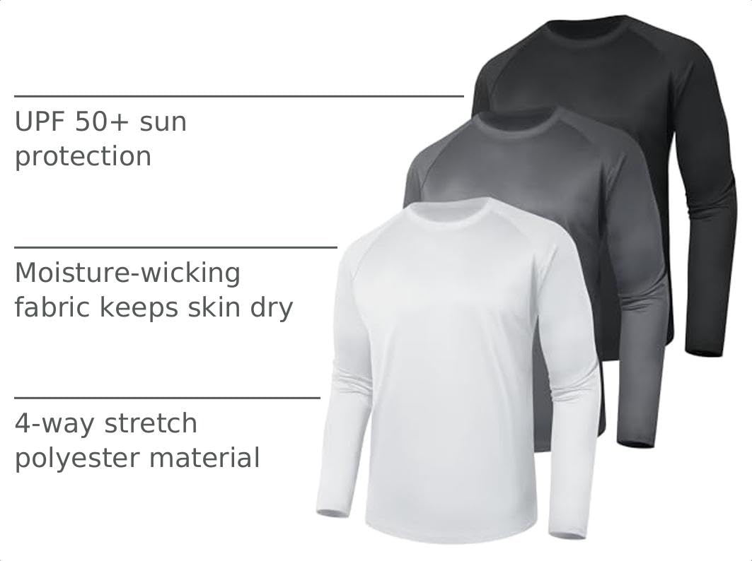 3 Pack Long Sleeve Shirts for Men - Quick Dry Moisture Wicking UV Sun Protection T-Shirts for Fishing Workout Athletic Gym