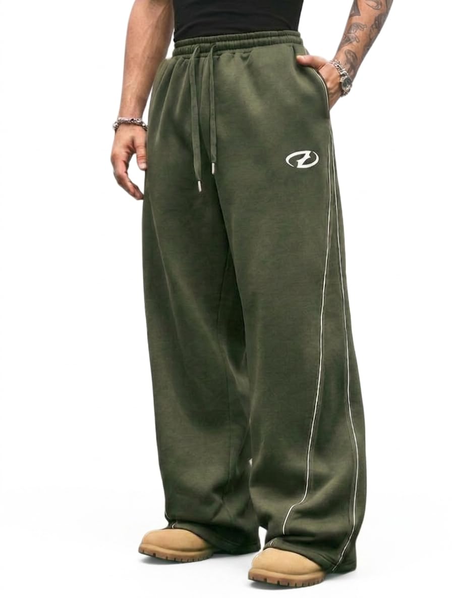 QJQ Men's Baggy Track Pants Casual Wide Leg Striped Side Sweatpants Drawstring Elastic Waist Y2k Streetwear