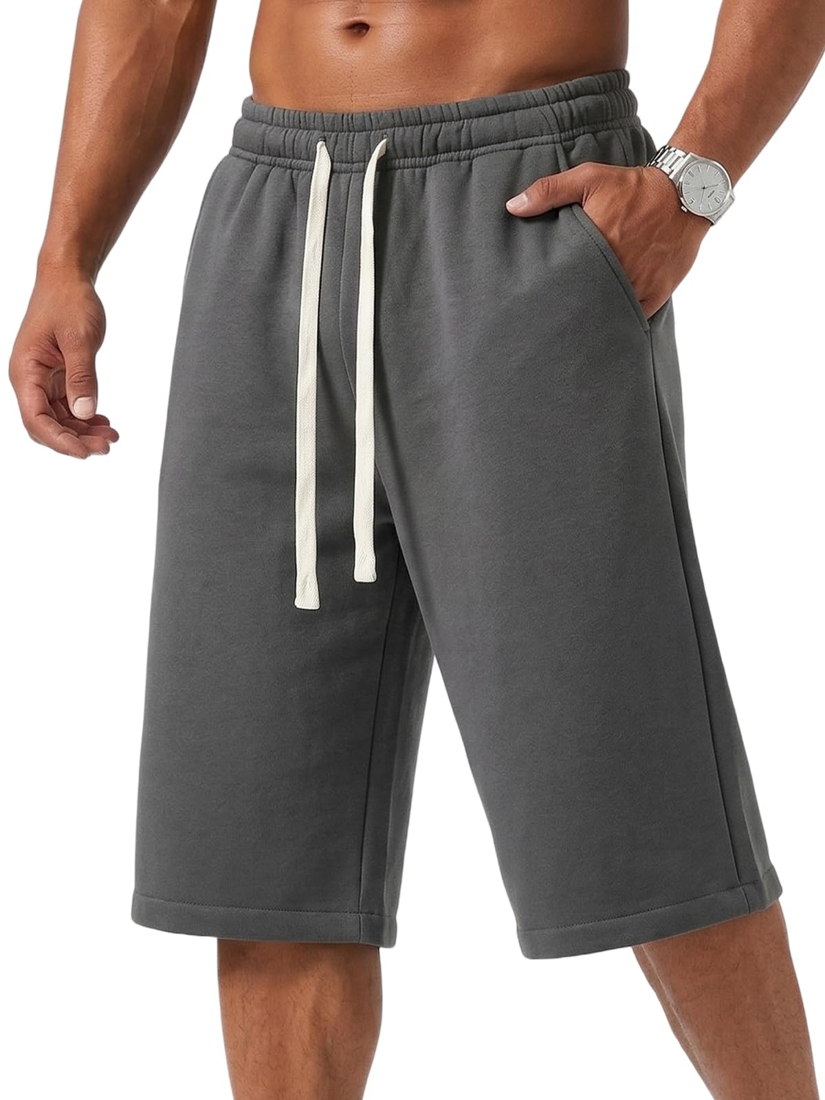 ZUY Men's Baggy Sweat Shorts Cotton Long Below Knee Fleece Capri Shorts 11" Athletic Casual 3/4 Pants with Pockets