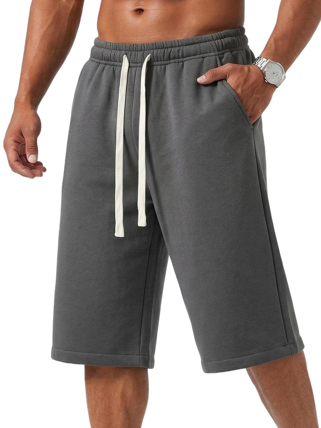 ZUY Men's Baggy Sweat Shorts Cotton Long Below Knee Fleece Capri Shorts 11" Athletic Casual 3/4 Pants with Pockets