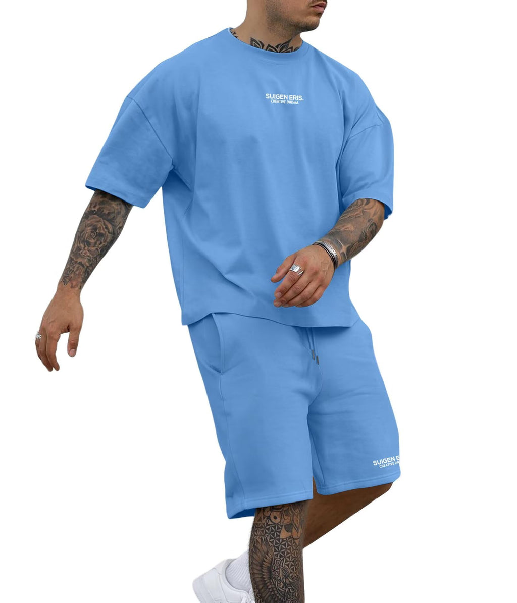 Men's 2 Piece Outfits Letter Drop Shoulder Tee Shirt Shorts Set
