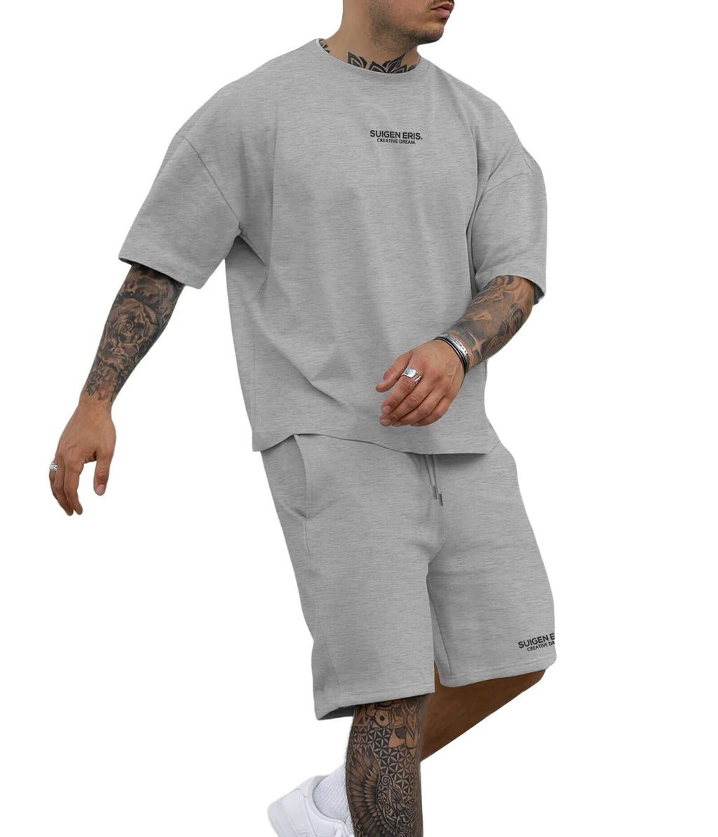 Men's 2 Piece Outfits Letter Drop Shoulder Tee Shirt Shorts Set