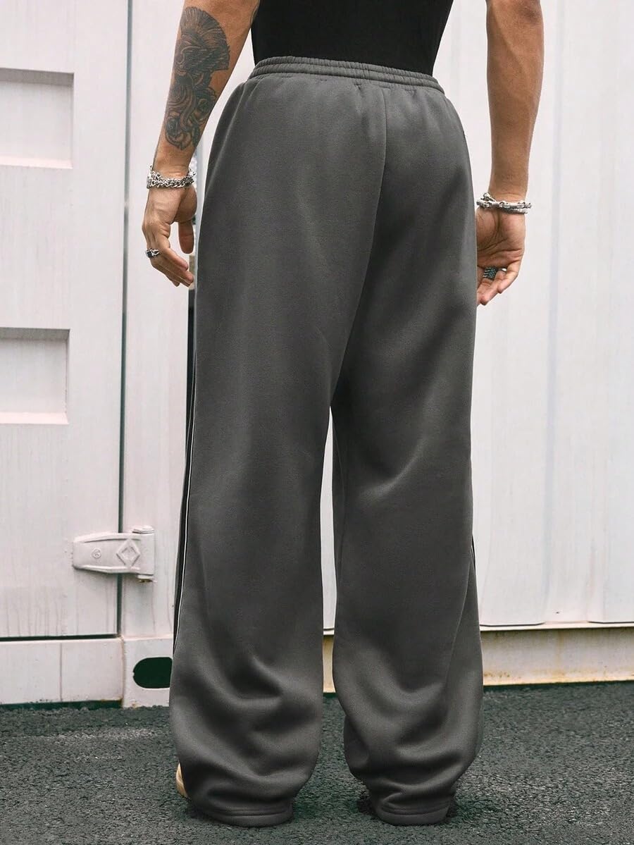 QJQ Men's Baggy Track Pants Casual Wide Leg Striped Side Sweatpants Drawstring Elastic Waist Y2k Streetwear