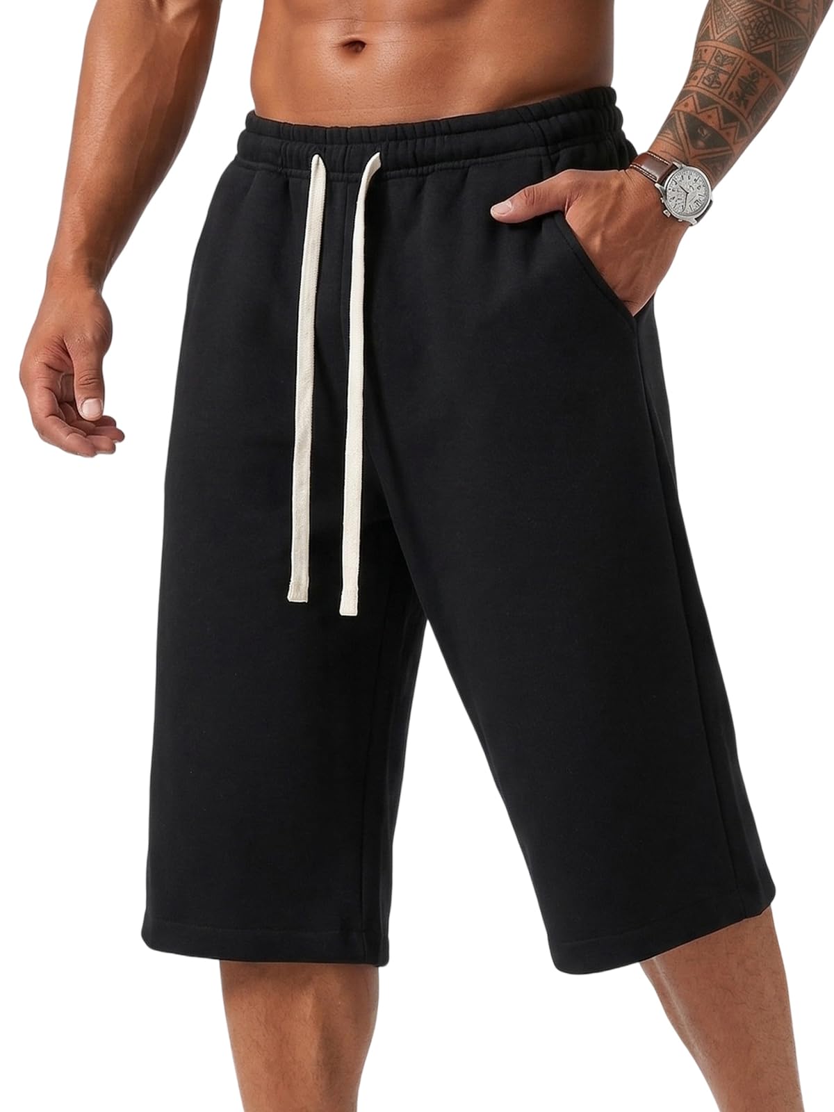 ZUY Men's Baggy Sweat Shorts Cotton Long Below Knee Fleece Capri Shorts 11" Athletic Casual 3/4 Pants with Pockets