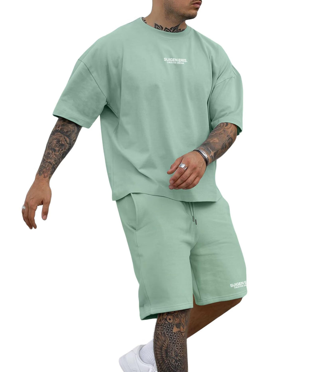 Men's 2 Piece Outfits Letter Drop Shoulder Tee Shirt Shorts Set