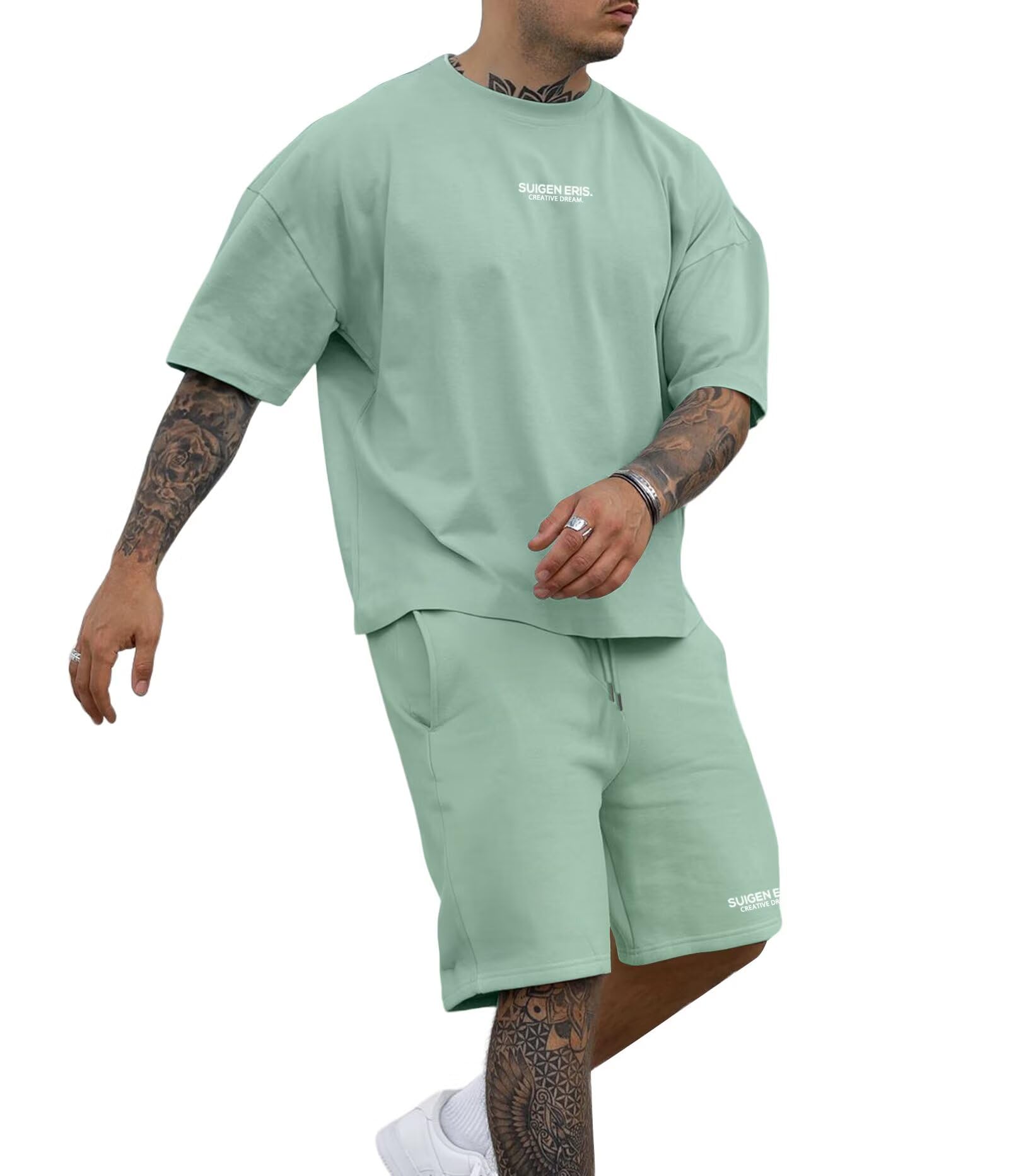 Men's 2 Piece Outfits Letter Drop Shoulder Tee Shirt Shorts Set