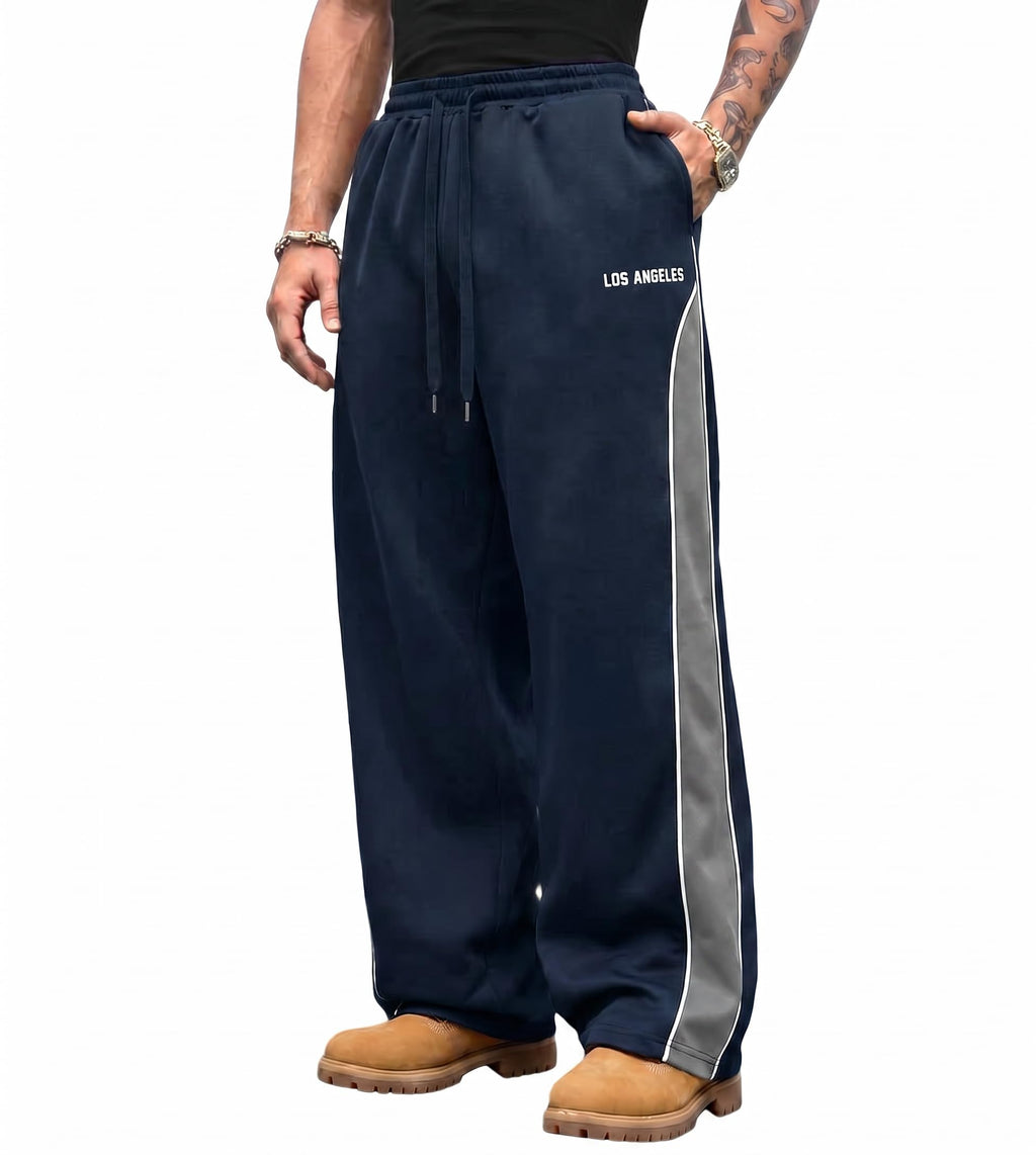 QJQ Men's Baggy Track Pants Casual Wide Leg Striped Side Sweatpants Drawstring Elastic Waist Y2k Streetwear