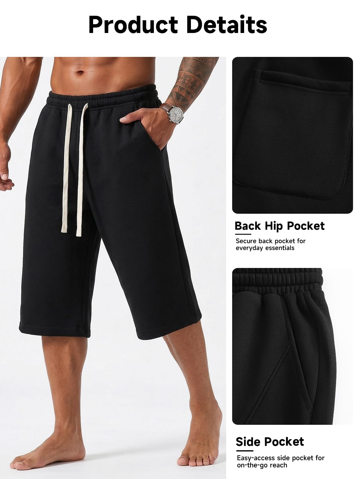 ZUY Men's Baggy Sweat Shorts Cotton Long Below Knee Fleece Capri Shorts 11" Athletic Casual 3/4 Pants with Pockets
