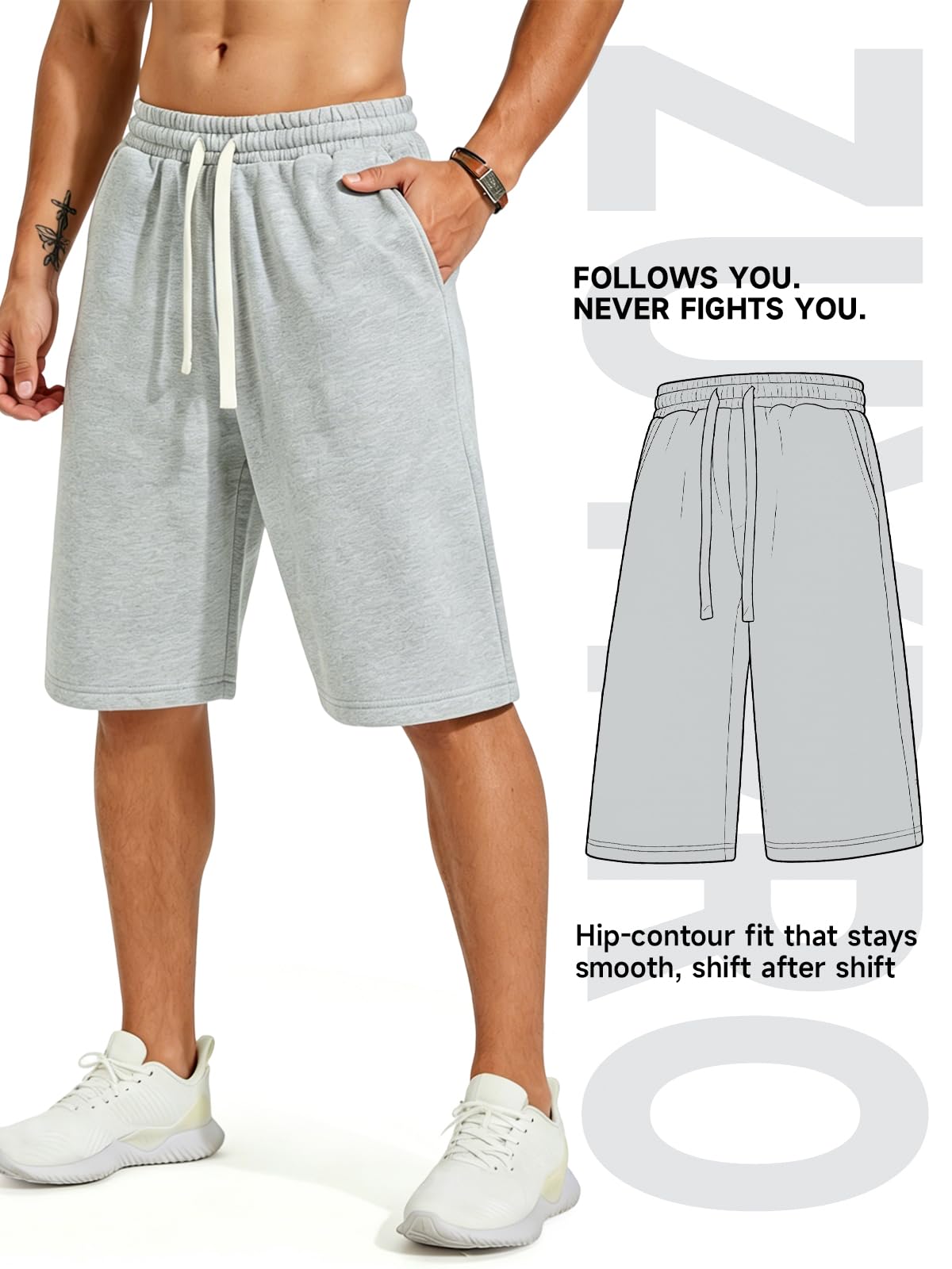 ZUY Men's Baggy Sweat Shorts Cotton Long Below Knee Fleece Capri Shorts 11" Athletic Casual 3/4 Pants with Pockets