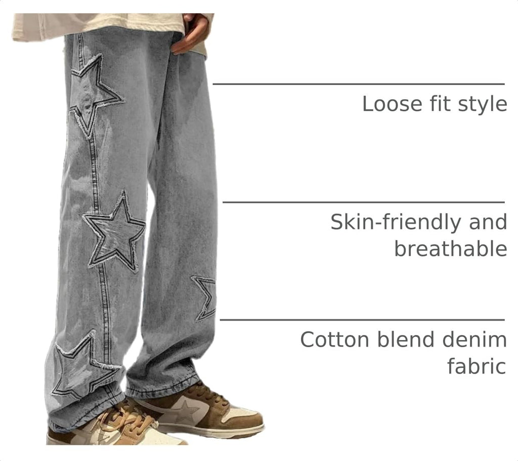 HBER Mens Y2k Star Jeans High Waisted Hip Hop Streetwear Jeans