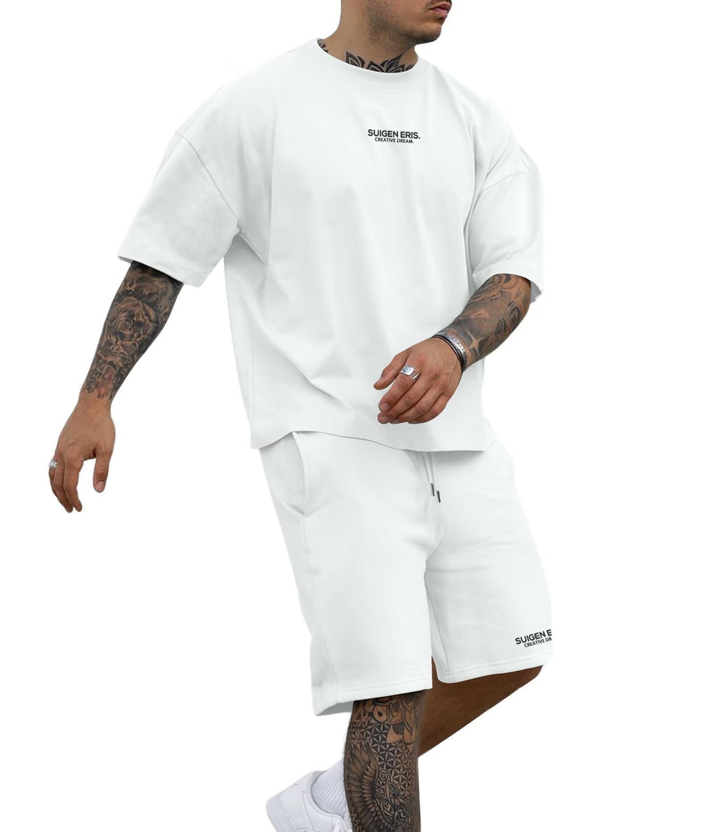 Men's 2 Piece Outfits Letter Drop Shoulder Tee Shirt Shorts Set