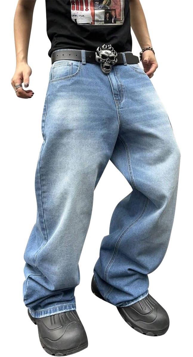 HUNGSON Mens Baggy Jeans for Men Women Y2k Skater Vintage Plain Pants Casual Wide Leg Jeans Loose Fit Denim Jeans