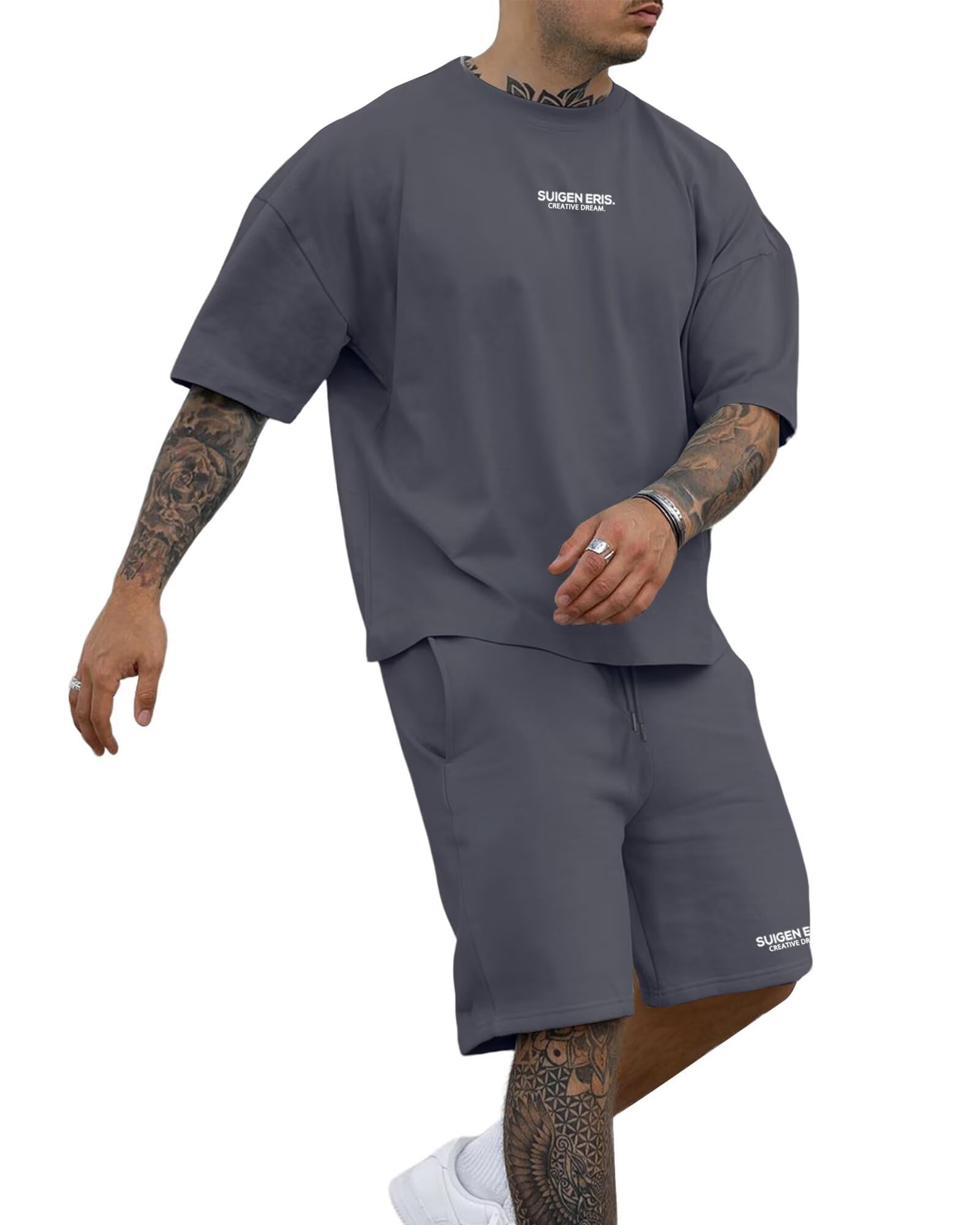 Men's 2 Piece Outfits Letter Drop Shoulder Tee Shirt Shorts Set
