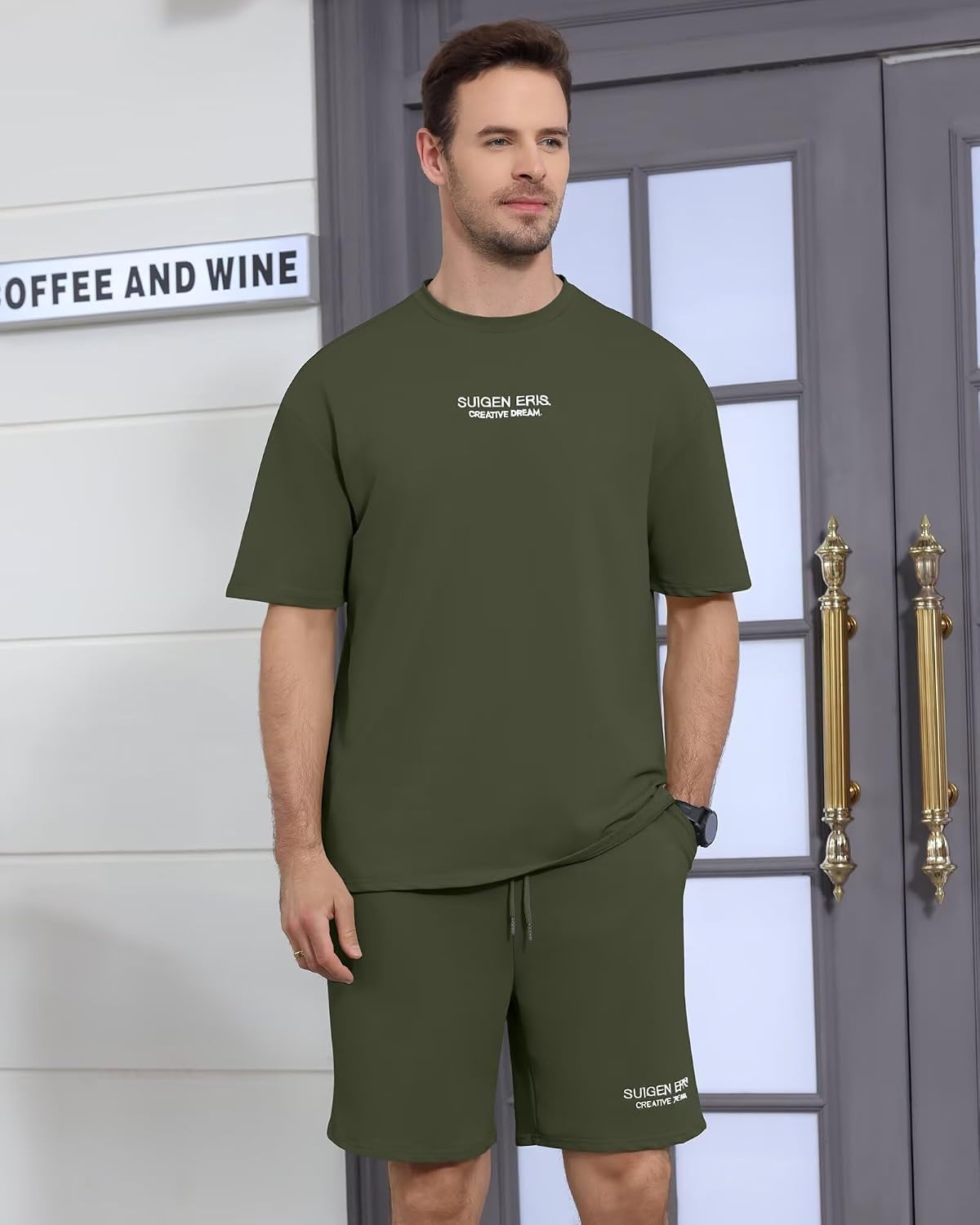 Men's 2 Piece Outfits Letter Drop Shoulder Tee Shirt Shorts Set