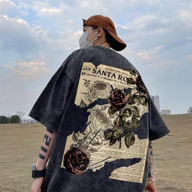 Dynict Unisex Y2k T-Shirt Rose Letter Print Oversized Graphic Tees Short Sleeve Gothic T-Shirts Grunge Clothes