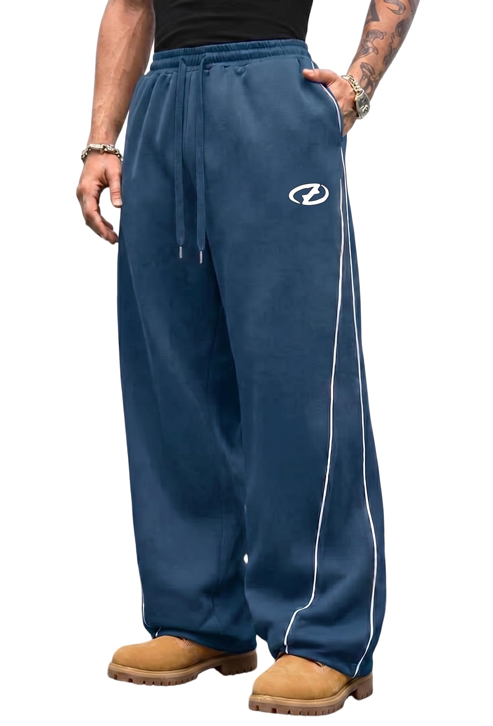 QJQ Men's Baggy Track Pants Casual Wide Leg Striped Side Sweatpants Drawstring Elastic Waist Y2k Streetwear