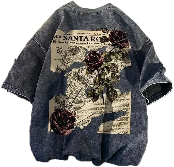 Dynict Unisex Y2k T-Shirt Rose Letter Print Oversized Graphic Tees Short Sleeve Gothic T-Shirts Grunge Clothes