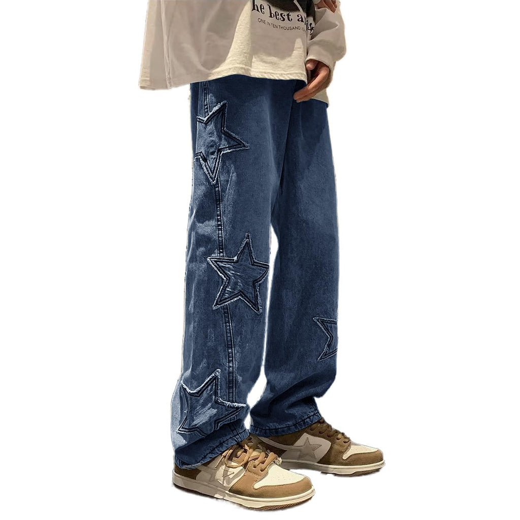 HBER Mens Y2k Star Jeans High Waisted Hip Hop Streetwear Jeans