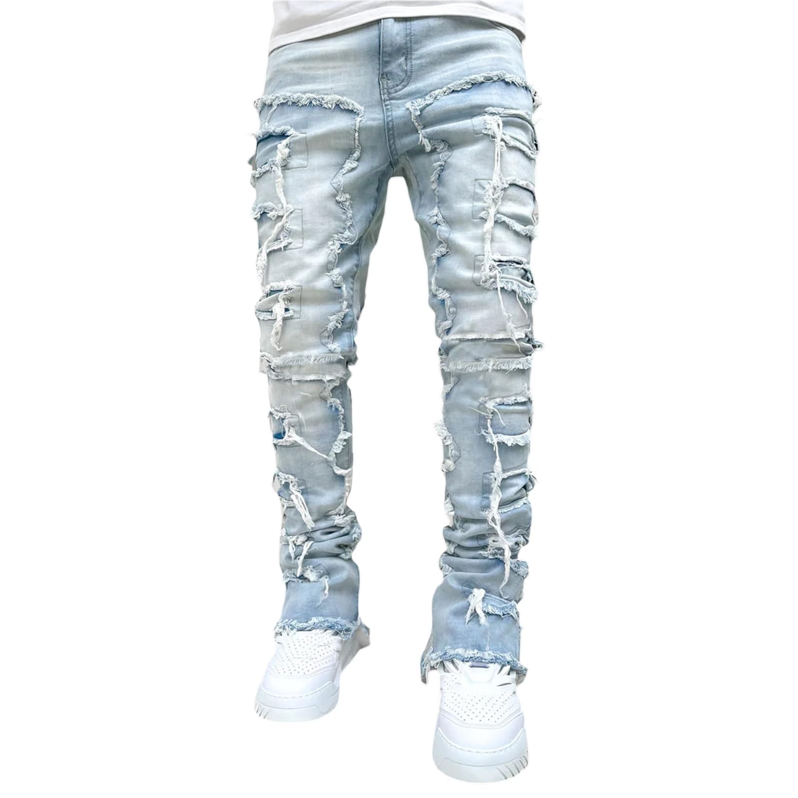 YEOU Men's Stacked Skinny Jeans - Y2K Harajuku Style Ripped Denim Pants with High Waist
