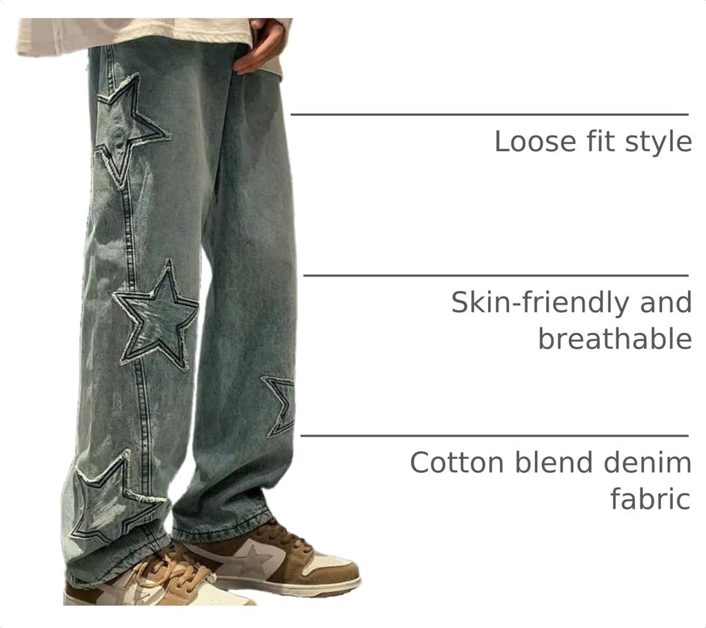 HBER Mens Y2k Star Jeans High Waisted Hip Hop Streetwear Jeans