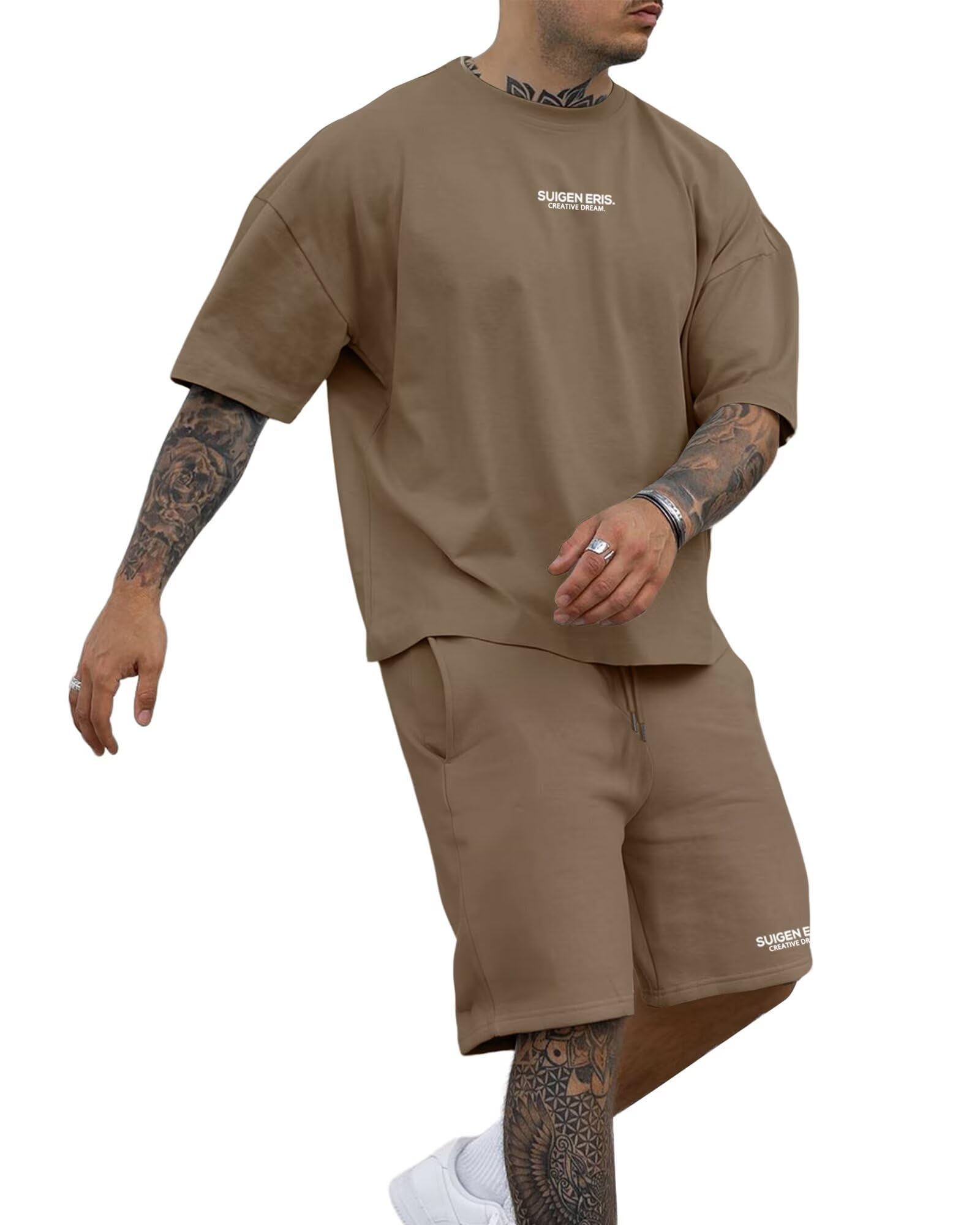 Men's 2 Piece Outfits Letter Drop Shoulder Tee Shirt Shorts Set