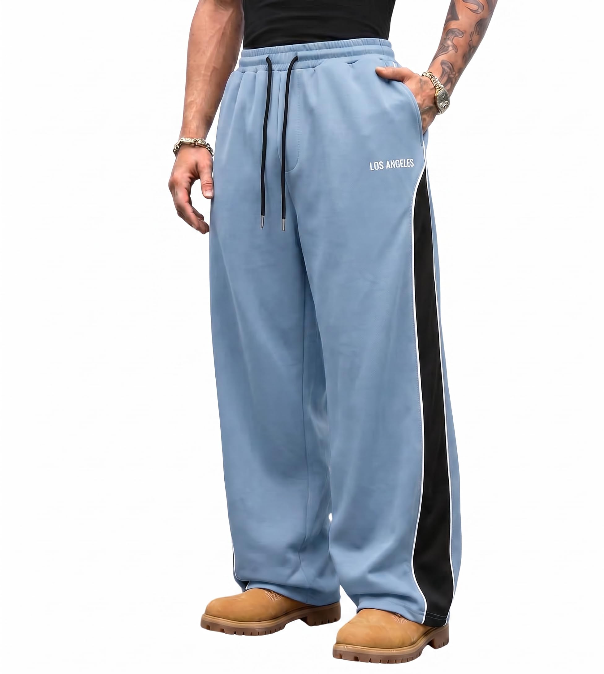 QJQ Men's Baggy Track Pants Casual Wide Leg Striped Side Sweatpants Drawstring Elastic Waist Y2k Streetwear
