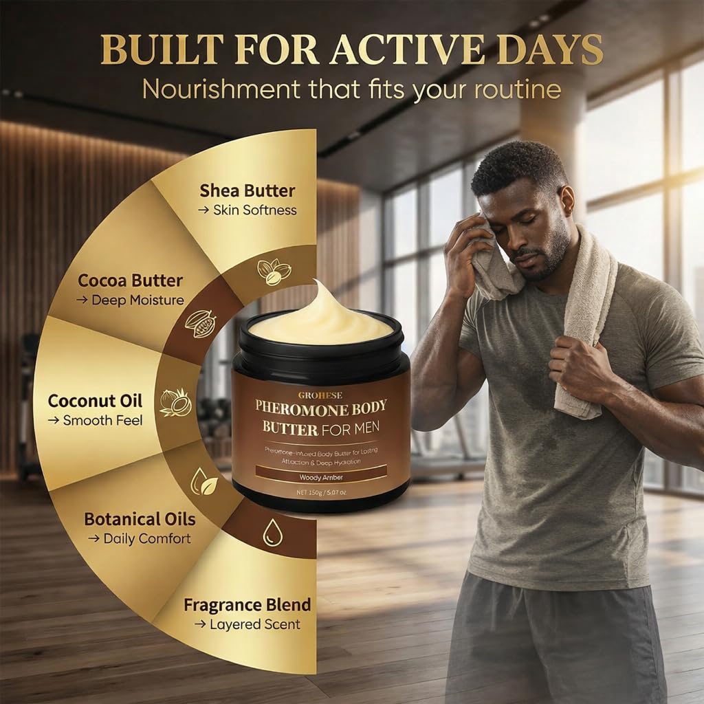 Pheromone Body Butter Men, Mens Skin Cream, Cologne-Inspired Fragrance Moisturizer with Shea Butter, Cocoa Butter & Coconut Oil, Non-Greasy Hydrating Body Cream - Woody Amber