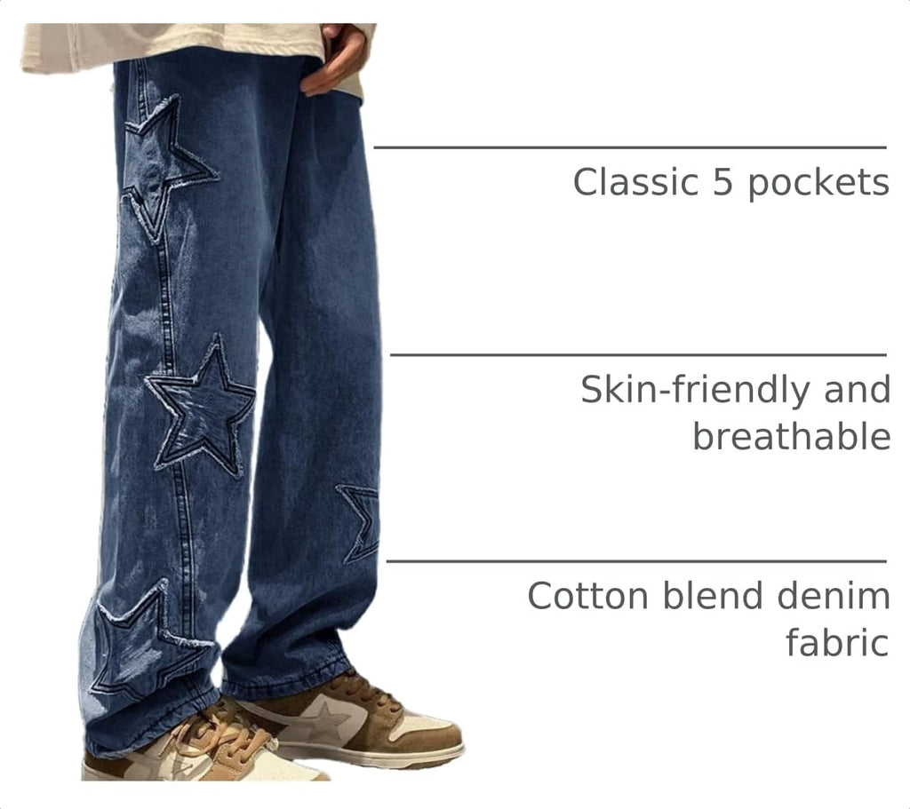 HBER Mens Y2k Star Jeans High Waisted Hip Hop Streetwear Jeans