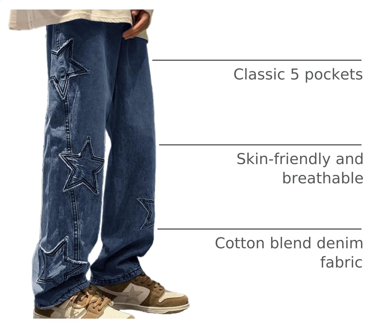 HBER Mens Y2k Star Jeans High Waisted Hip Hop Streetwear Jeans