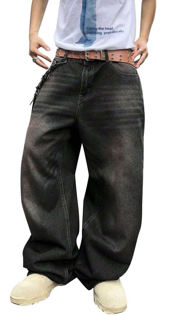 HUNGSON Mens Baggy Jeans for Men Women Y2k Skater Vintage Plain Pants Casual Wide Leg Jeans Loose Fit Denim Jeans