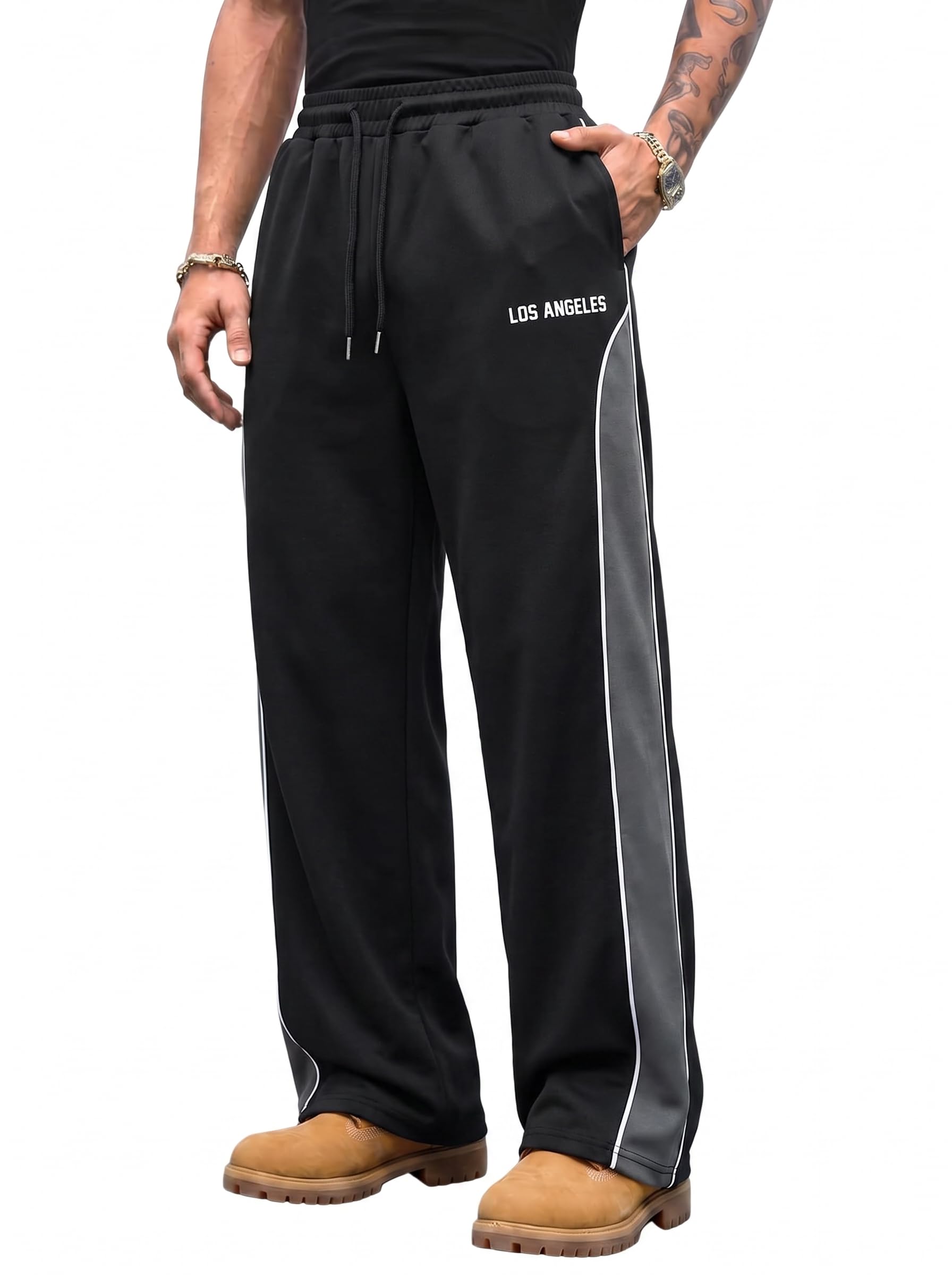 QJQ Men's Baggy Track Pants Casual Wide Leg Striped Side Sweatpants Drawstring Elastic Waist Y2k Streetwear