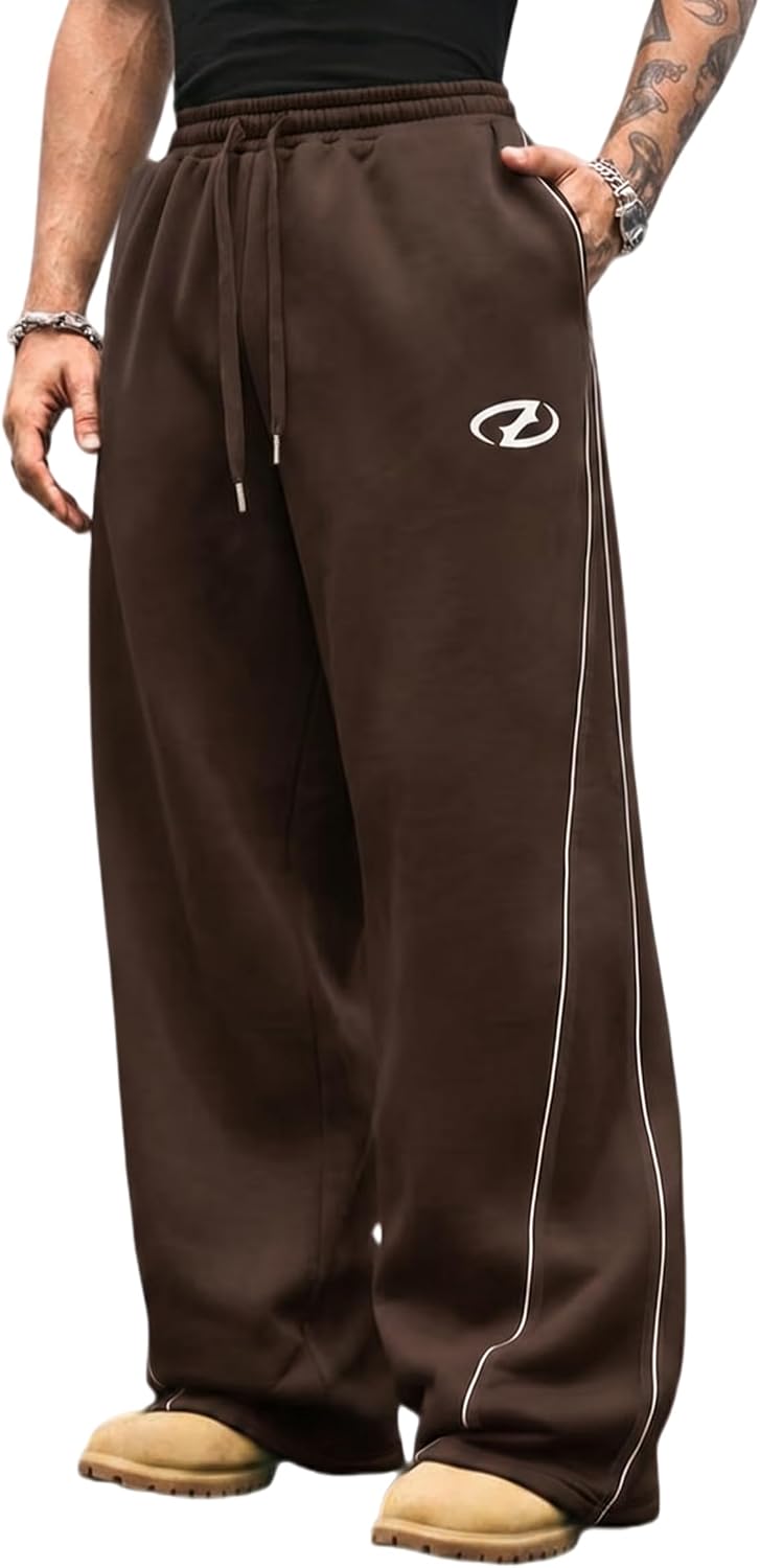 QJQ Men's Baggy Track Pants Casual Wide Leg Striped Side Sweatpants Drawstring Elastic Waist Y2k Streetwear