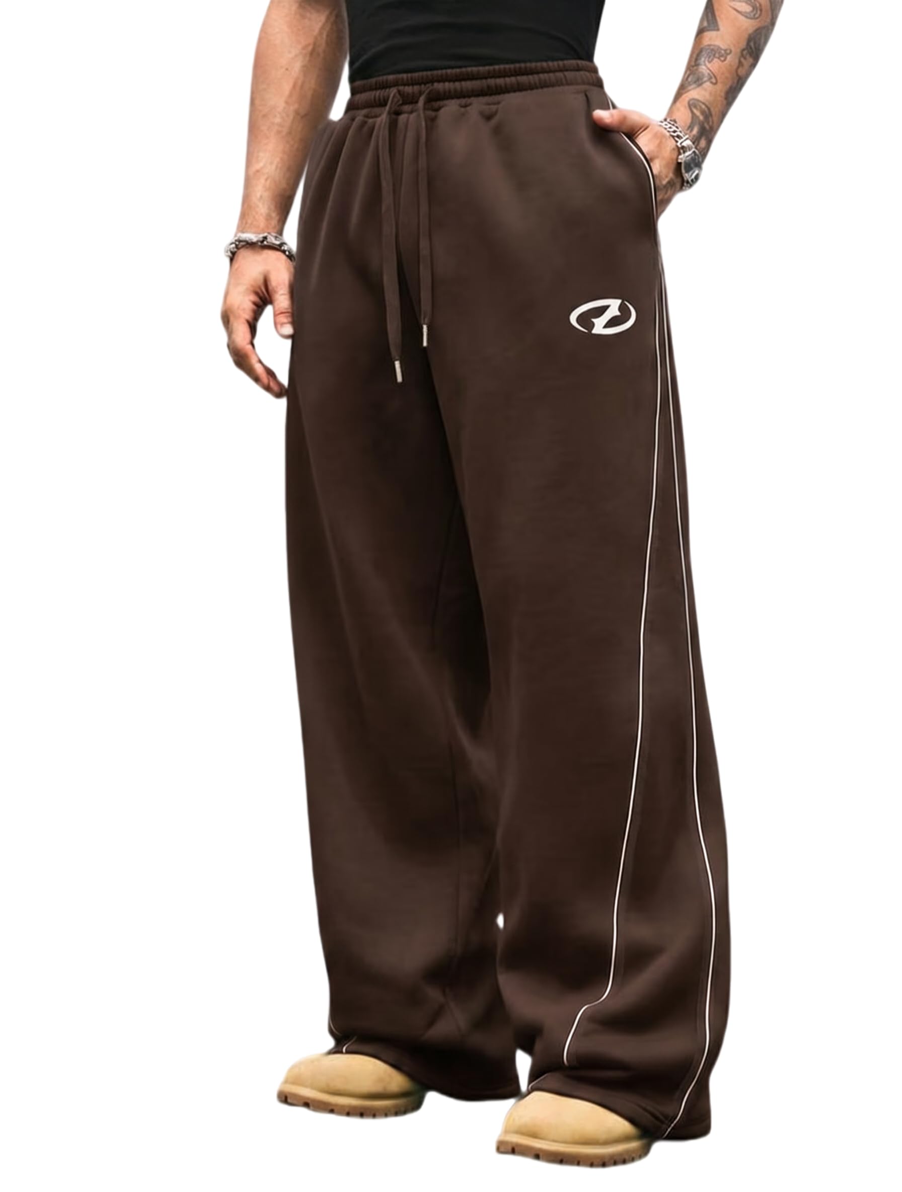 QJQ Men's Baggy Track Pants Casual Wide Leg Striped Side Sweatpants Drawstring Elastic Waist Y2k Streetwear
