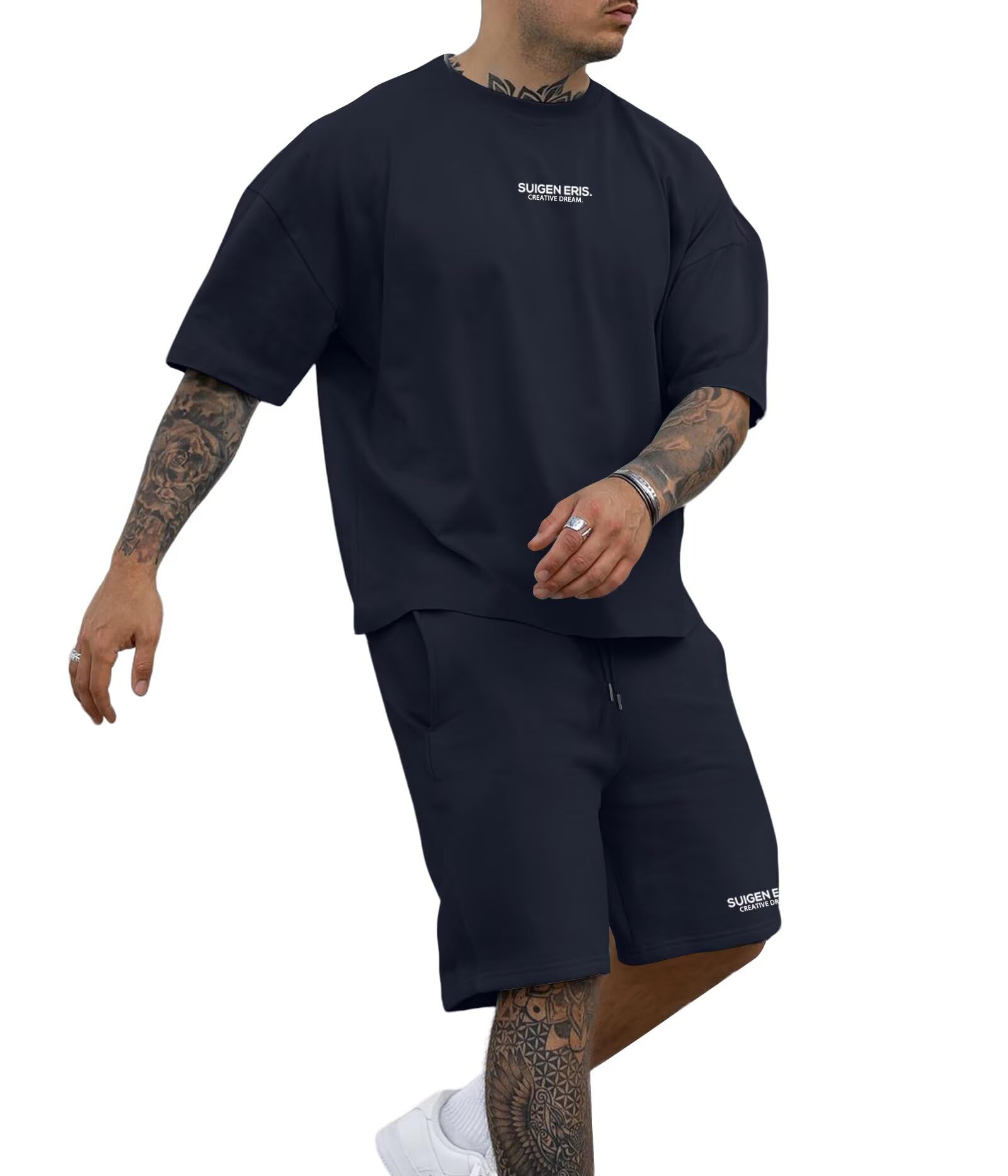 Men's 2 Piece Outfits Letter Drop Shoulder Tee Shirt Shorts Set