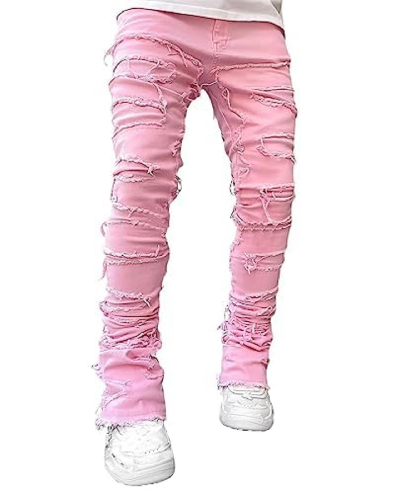 YEOU Men's Stacked Skinny Jeans - Y2K Harajuku Style Ripped Denim Pants with High Waist