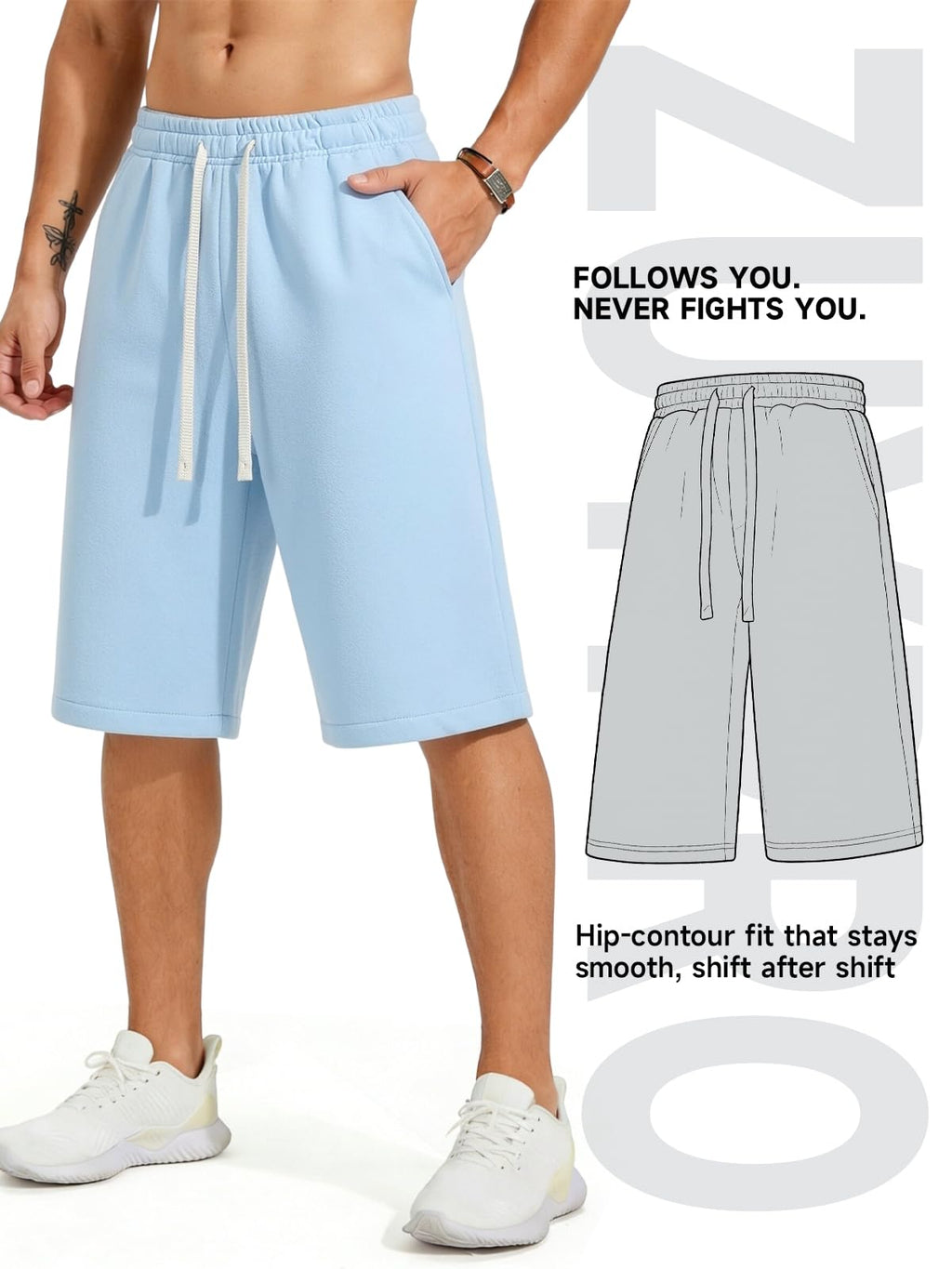 ZUY Men's Baggy Sweat Shorts Cotton Long Below Knee Fleece Capri Shorts 11" Athletic Casual 3/4 Pants with Pockets
