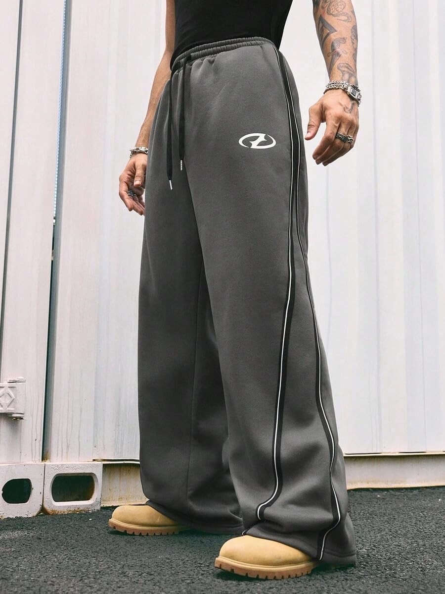 QJQ Men's Baggy Track Pants Casual Wide Leg Striped Side Sweatpants Drawstring Elastic Waist Y2k Streetwear