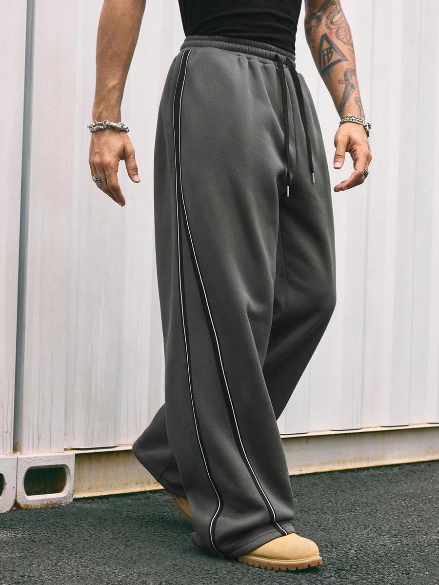 QJQ Men's Baggy Track Pants Casual Wide Leg Striped Side Sweatpants Drawstring Elastic Waist Y2k Streetwear
