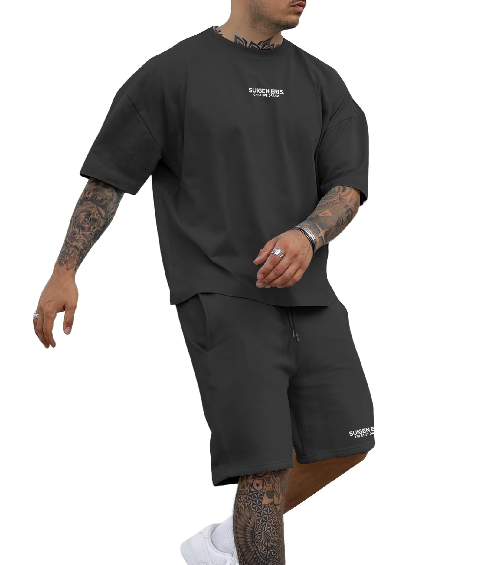 Men's 2 Piece Outfits Letter Drop Shoulder Tee Shirt Shorts Set