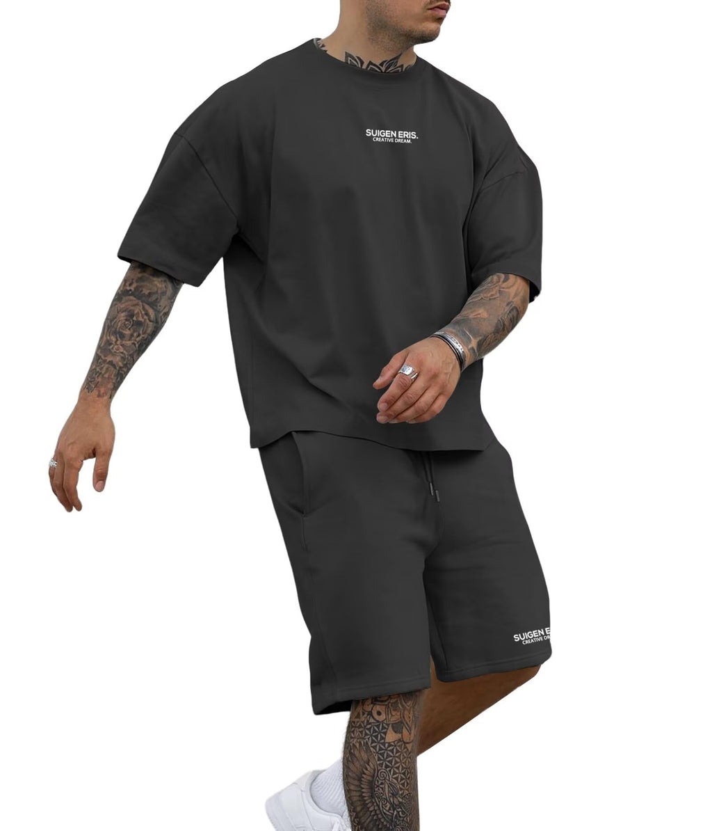 Men's 2 Piece Outfits Letter Drop Shoulder Tee Shirt Shorts Set