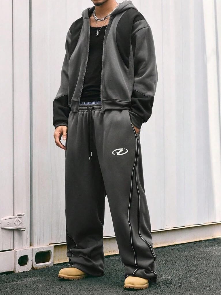 QJQ Men's Baggy Track Pants Casual Wide Leg Striped Side Sweatpants Drawstring Elastic Waist Y2k Streetwear
