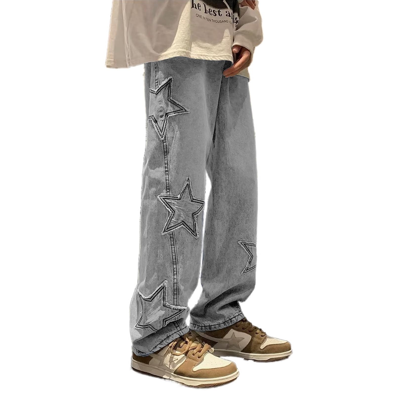 HBER Mens Y2k Star Jeans High Waisted Hip Hop Streetwear Jeans