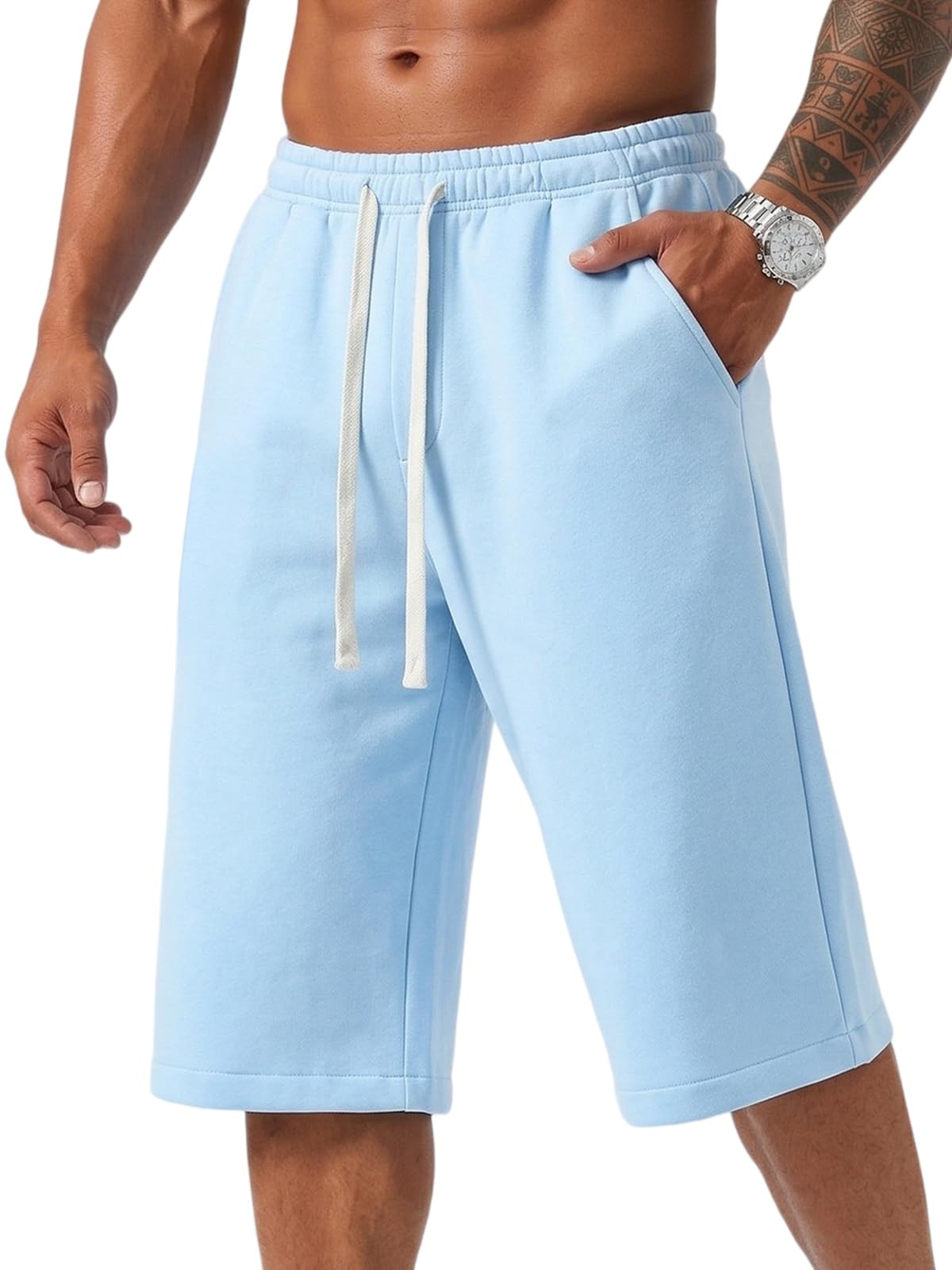 ZUY Men's Baggy Sweat Shorts Cotton Long Below Knee Fleece Capri Shorts 11" Athletic Casual 3/4 Pants with Pockets