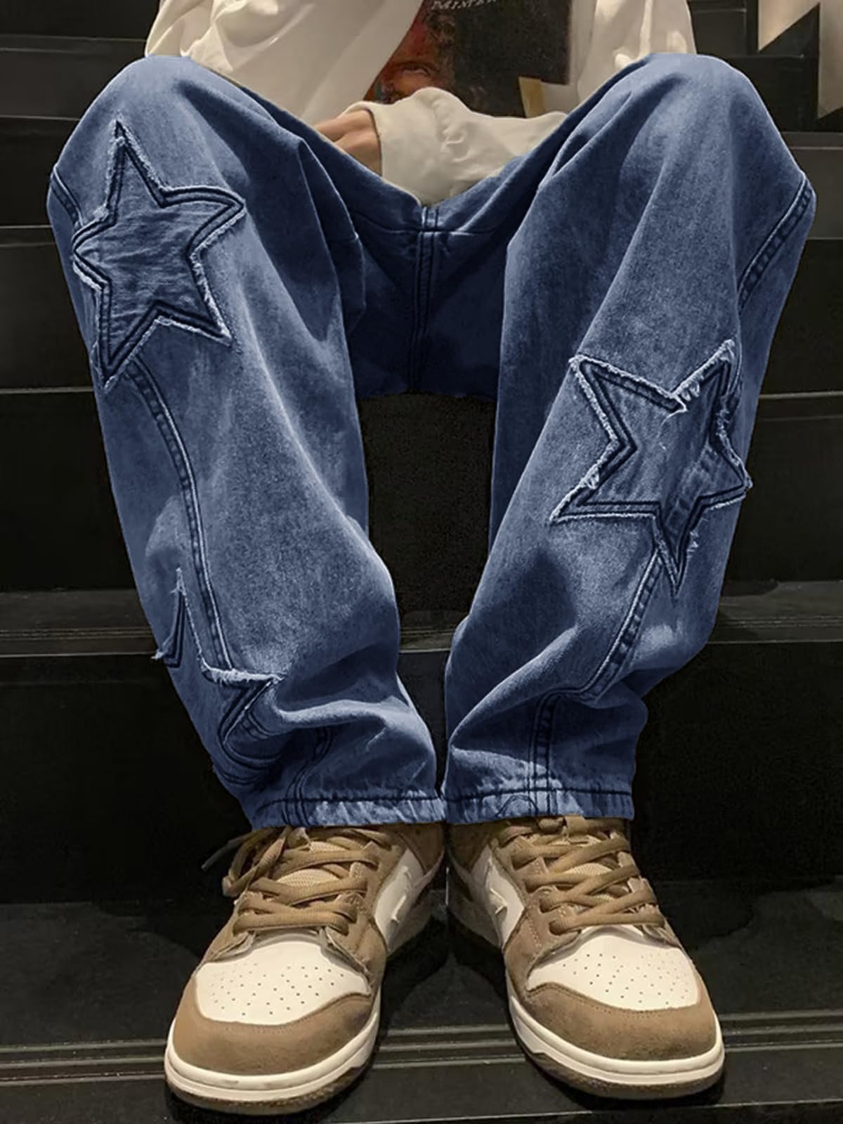 HBER Mens Y2k Star Jeans High Waisted Hip Hop Streetwear Jeans