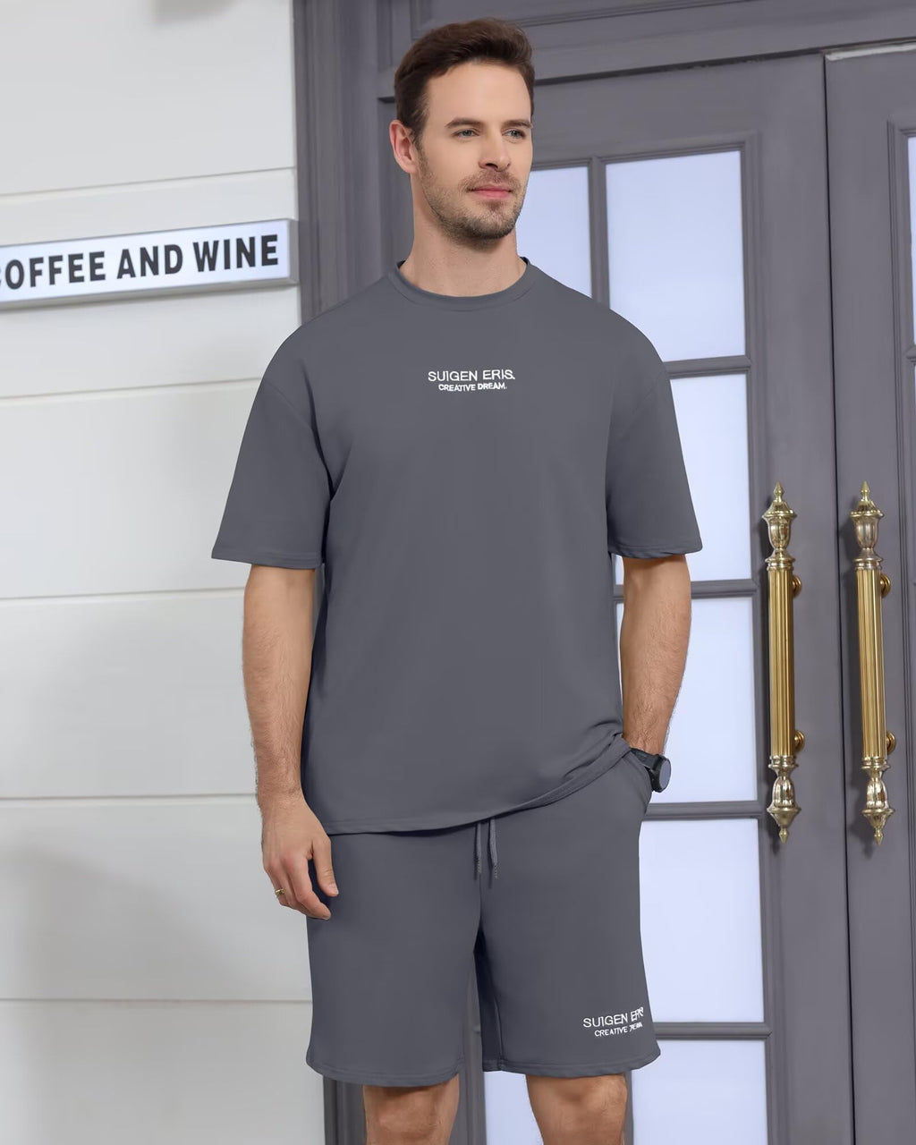 Men's 2 Piece Outfits Letter Drop Shoulder Tee Shirt Shorts Set